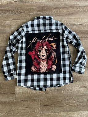“The Used” Band Black & White Upcycled Plaid Shirt with Red Graphic Back Patch